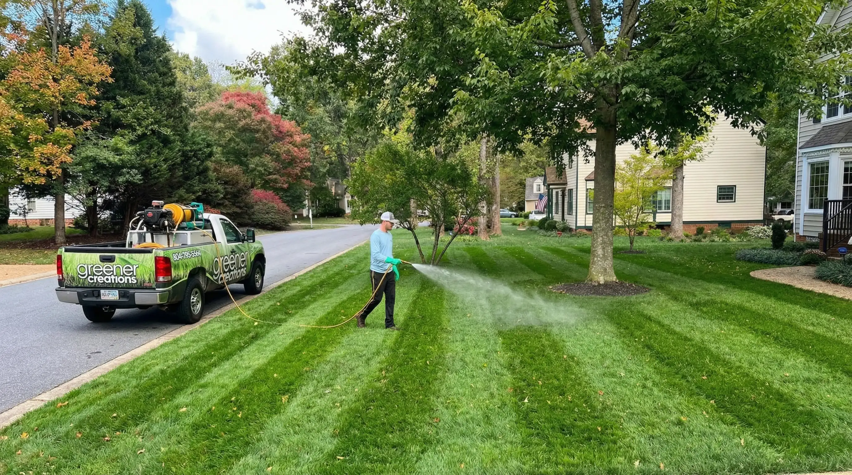 Greener Creations employee providing professional lawn care service